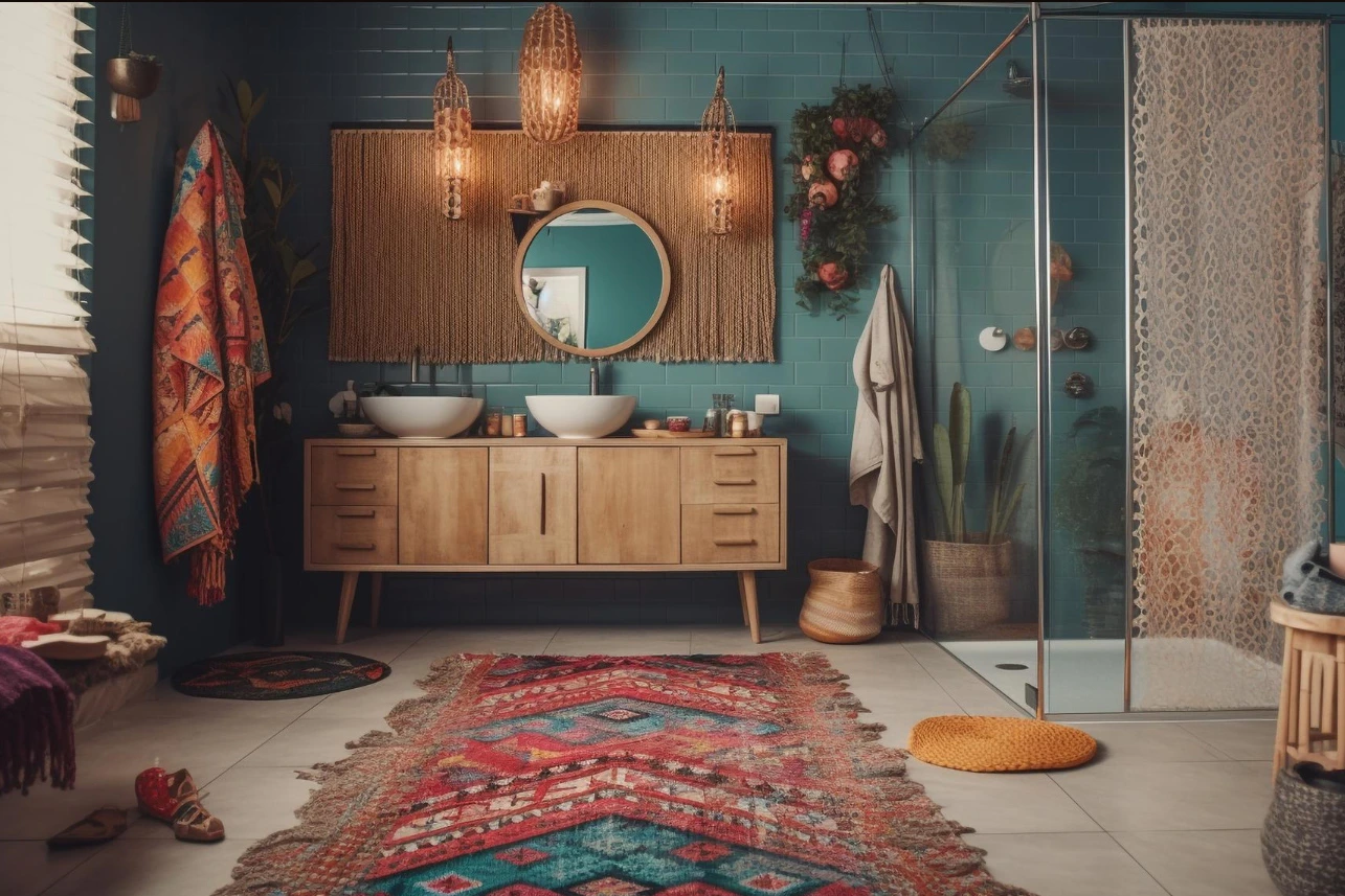 Maximalist room design with colorful rugs